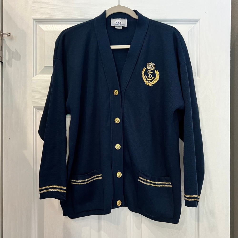 Bay Point Threads Cardigan Acrylic Navy Blue Nautical Preppy Academia Coastal XL